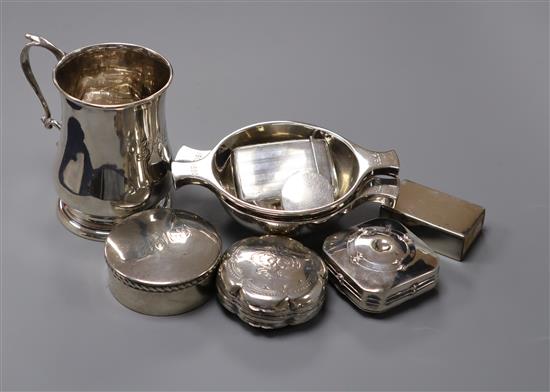 Silver mug, two quaichs, match box cover, four pill boxes, vinaigrette and vesta.